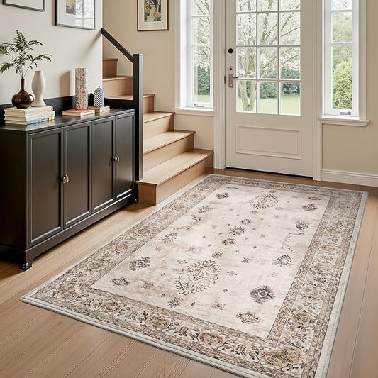 AMOAMI-Vintage Area Rug 4x6 Brown Rugs for Living Room-Soft Living Room Rug Non Slip Rugs for Bedroom Carpet Machine Washable Rug for Dining Room Bedside Office Room Decor