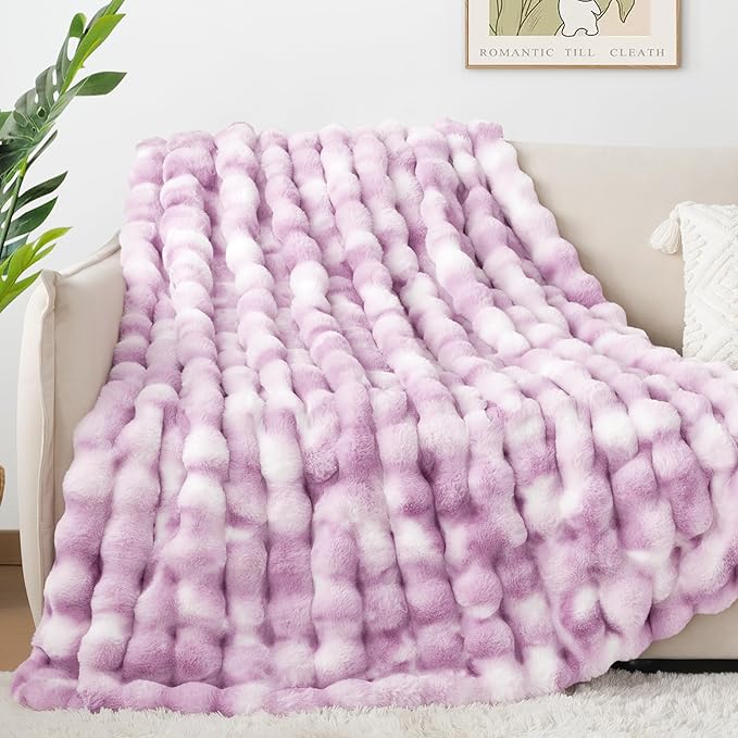 Touchat Luxury 1000GSM Faux Rabbit Fur Throw Blanket for Women, Super Heavy Warm Cozy Blankets for Couch Bed Sofa, Bubble Plush Fuzzy Soft Mink Blanket for Living Room Bedroom, Purple