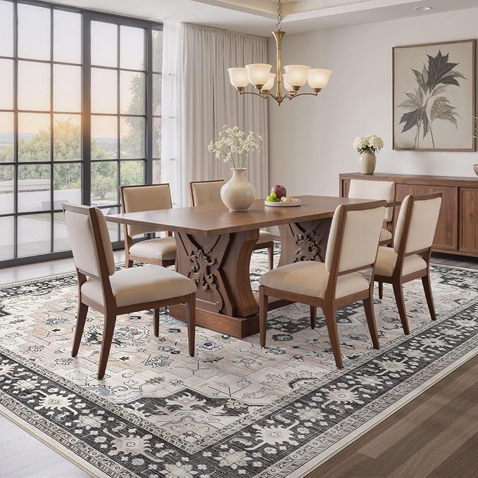 Washable Area Rugs for Living Room - 9x12 Neutral Vintage Distressed Floral Farmhouse Boho Large Soft Floor Rug Indoor Non Slip Carpet for Bedroom Dining Room Office - Pink/Dark Green