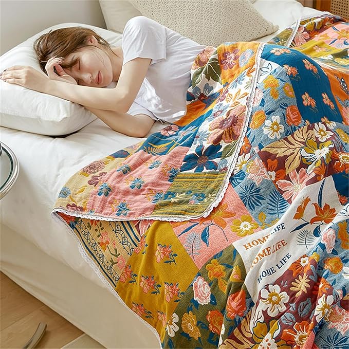 Throw Blanket for Couch Bed, 100% Cotton Muslin 60''x80'' Travel Bed Blankets Mexican Boho Quilt Flowers Blanket Lightweight Blanket Soft Warm Throws Gifts for Women Mom