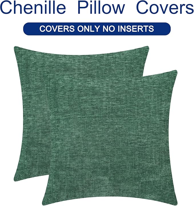 CaliTime Throw Pillow Covers Decorative 16 X 16 Inches Pack of 2 Cozy Chenille Cushion Cases for Couch Sofa Bed Living Room Home Dark Green