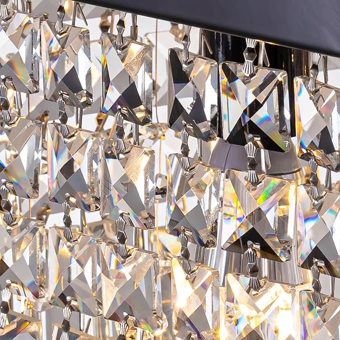 Rectangle K9 Crystal Chandelier,Rectangular Contemporary Pendant Light Fixture,Black Modern Crystal Chandeliers for Dining Room Kitchen Island L31.5''xW10''xH10''
