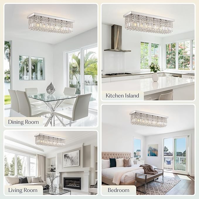 Rectangular Chandelier, Flush Mount Rectangle Chandelier Modern K9 Crystal Chandeliers Light Fixture, 6-Lights Raindrop Crystal Pendant Ceiling Light for Dining Room Bedroom Bar Club L31.5 Inch