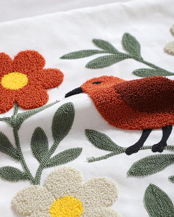 Throw Pillow Cover with Bird Embroidery – 18x18 inch Handmade Punch Needle Cushion Cover – 100% Cotton Decorative Pillow for Couch, Bed or Living Room – Boho Nature-Inspired Home Decor