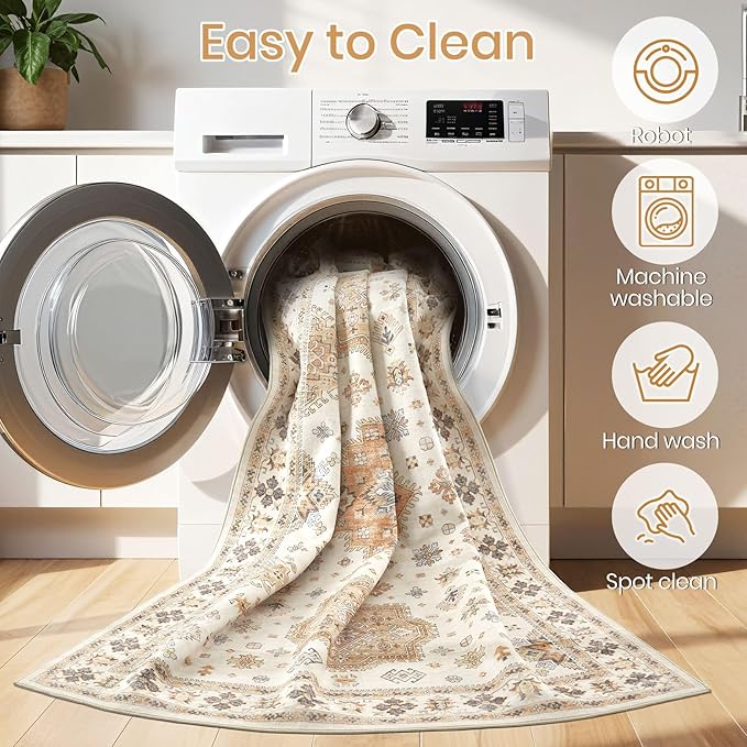 Washable Area Rugs for Living Room - 7x9 Neutral Vintage Distressed Floral Farmhouse Boho Large Soft Floor Rug Indoor Non Slip Carpet for Living Room Bedroom Dining Room Office - Orange/Yellow/Beige