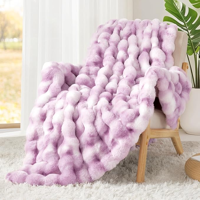Touchat Luxury 1000GSM Faux Rabbit Fur Throw Blanket for Women, Super Heavy Warm Cozy Blankets for Couch Bed Sofa, Bubble Plush Fuzzy Soft Mink Blanket for Living Room Bedroom, Purple
