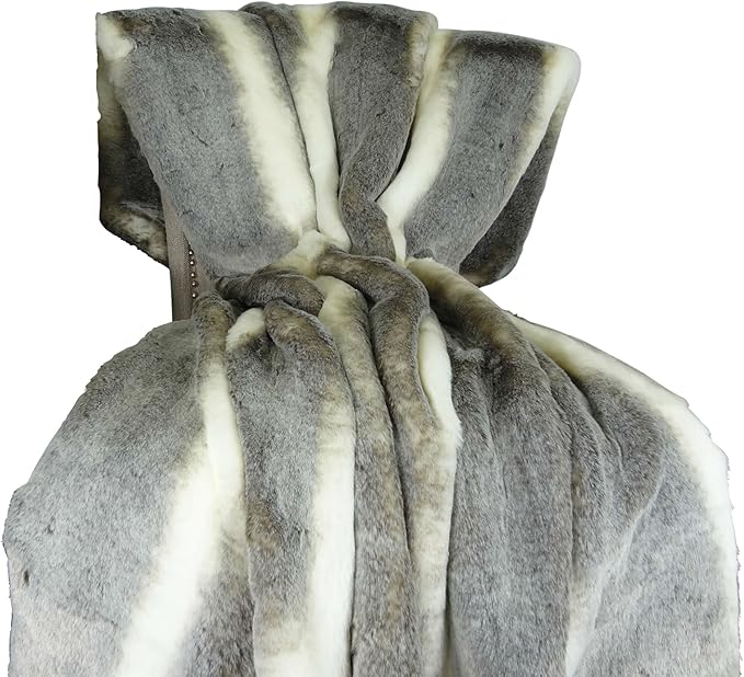 Tissavel Chinchilla Faux Fur Throw Blanket & Bedspread - Chinchilla Faux Fur - Gray Ivory Chinchilla Fur Throw - Luxury Soft Fur, Handmade in USA, 16444