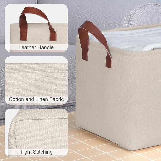 KEEGH Storage Baskets for Organizing, Fabric Storage Bins for Shelves with Leather Handle, Shelf Baskets for Closet Organization Closet Organizer Bins for Clothes, 15" L x 11" W x 10" H, Beige, 4 Pack