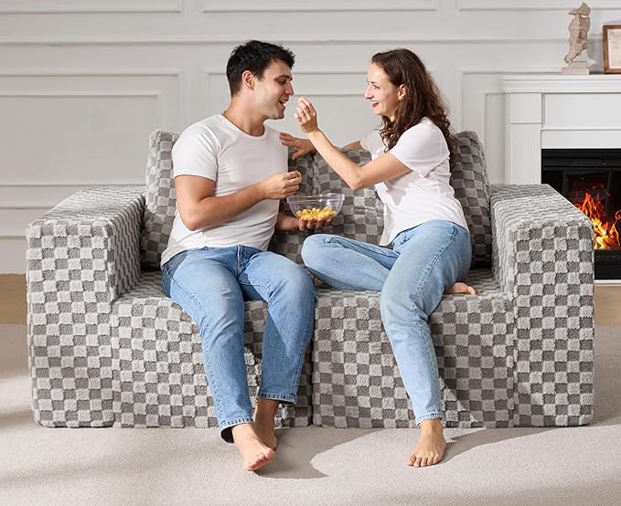 Modular Sectional Sofa 2 Seater Loveseat Modular Couch with Deep Seat Memory Foam Cloud Chair with Pillows Oversized Sectional Sofa for Living Room Bedroom (Plush Grey, Loveseat)