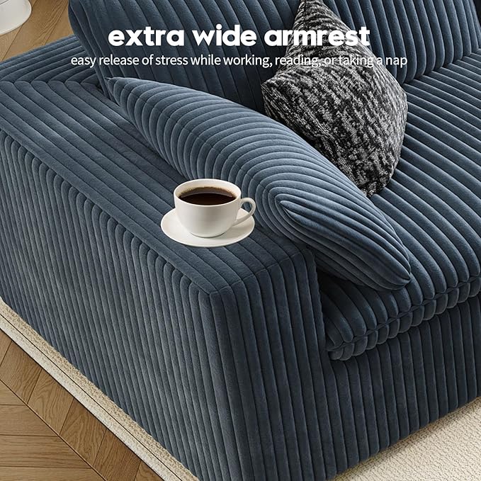 118" Cloud Couch Modular Sectional Sofa for Living Room,Modern Sofa with Deep Seat,L-Shape Boneless Couch with Ottoman,Comfy Upholstered Corduroy Couches for Apartment, Studio, Office,Bedroom,Blue