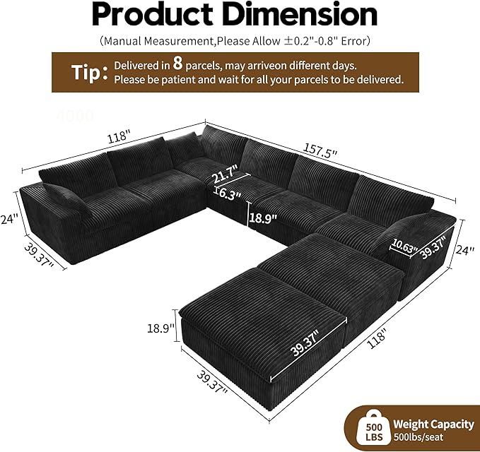 Oversized Modular Sectional Cloud Couch,157.5" U Shaped Modern Sofa with 2 Ottoman and 2 Middle Seats,Upholstered Couches with Corduroy Fabric for Living Room Furniture,No Assembly Required,Black