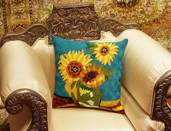 Turquoise Van Gogh Sunflower Pillow Cover Teal Floral Sofa Pillowcase Flower Chair Cushion Accent Throw Flowery Outdoor Pillows Farmhouse Couch Handmade Wool Size 18x18