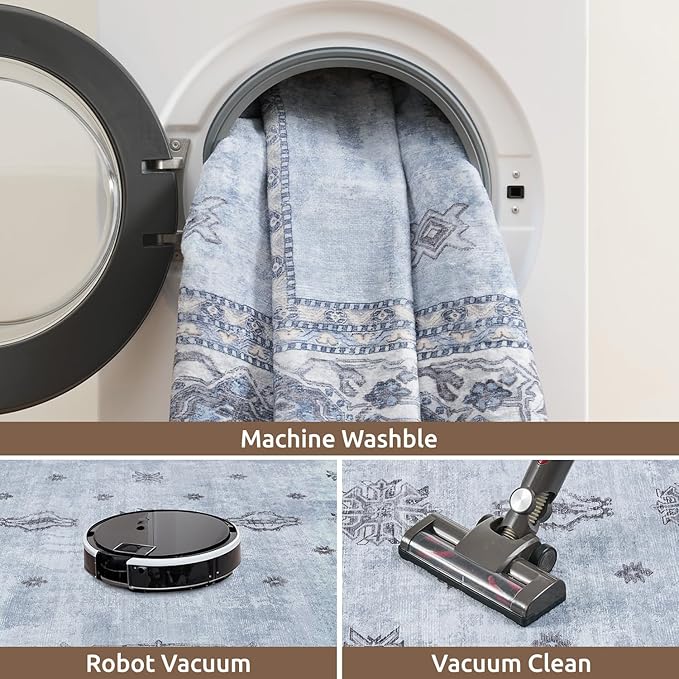 AMOAMI-Vintage Area Rug 4x6 Blue Rugs for Living Room-Soft Living Room Rug Non Slip Rugs for Bedroom Carpet Machine Washable Rug for Dining Room Bedside Office Room Decor