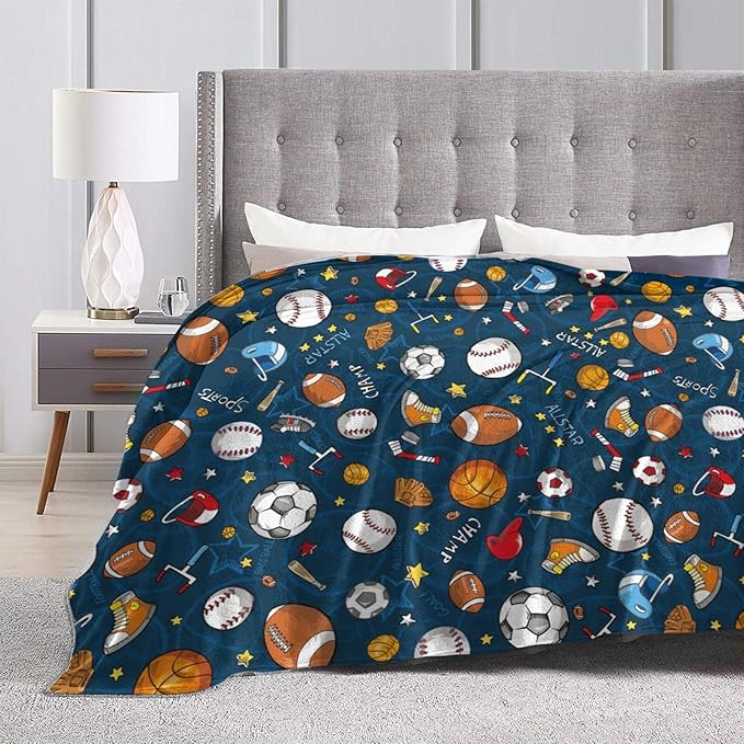 Baseball Football Basketball Sport Theme Throw Blanket 60x50 Inch Soft Fleece Blanket Men Women Gift for Kids Boys Girls for Party Couch Sofa Bed Deco Blankets