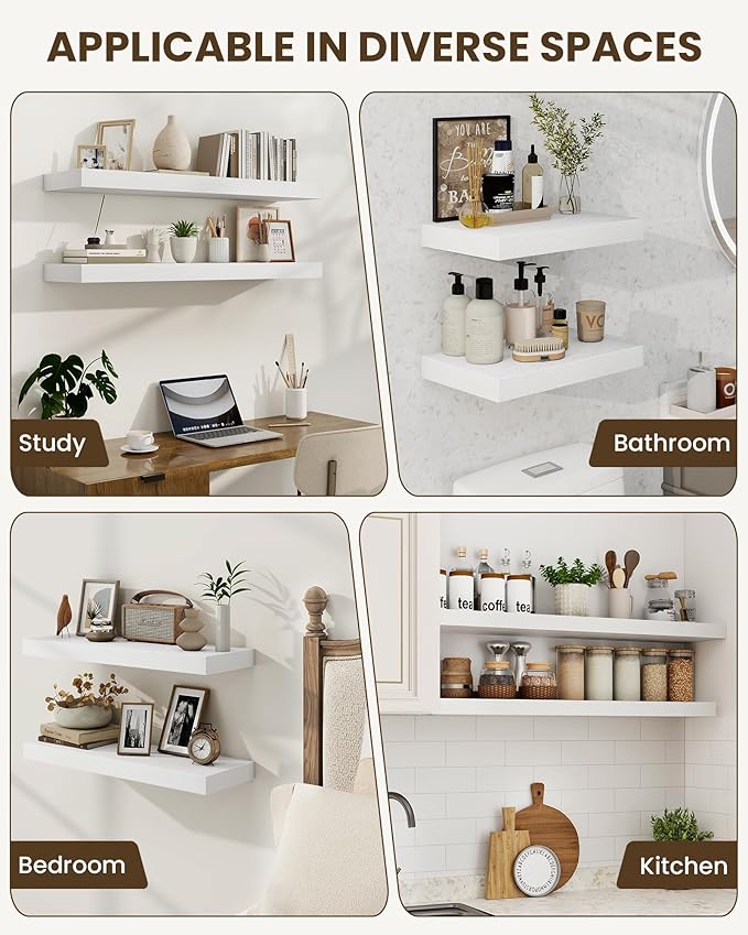 Marsmiles 30" Floating Shelves for Wall, Wooden Shelves with Invisible Brackets Set of 2, Rustic Farmhouse Wall Mounted Shelf for Kitchen Bathroom Living Room Study, White