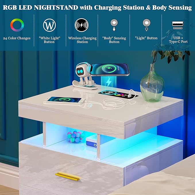 Night Stand with Light, High Gloss Nightstand with USB/Wireless Charging Station, LED White Nightstands with Storage Drawers, RGB Side End Table for Bedroom Furniture(White