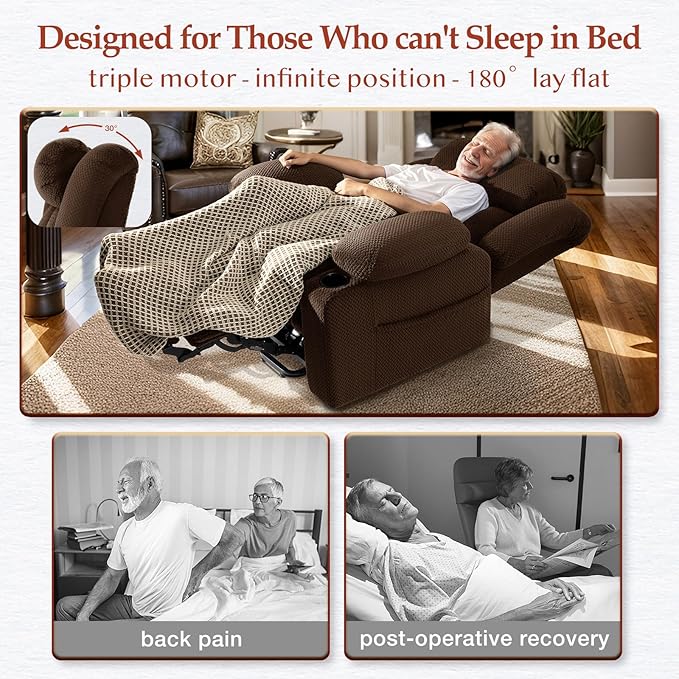 Three Motor Large-Wide Power Lift Chairs Recliners for Big and Tall Elderly, 180° Lay Flat Lift Chair, Infinite Position, Power Headrest, Heat & Vibration Massage (Plush Flannel, Deep Brown)