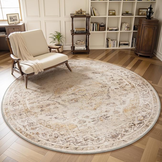 AMOAMI-6FT Round Rug-Rugs for Living Room-Vintage Soft Beige Rugs for Bedroom-Non Slip Circle Rug-Machine Washable Rug for Dining Room Living Room Bedroom Office Under Table