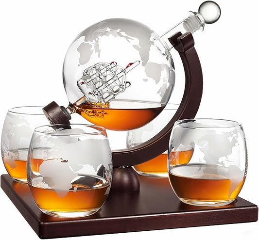 Whiskey Decanter Globe Set for Men with 4 Glasses, Bourbon, Rum, Scotch, Crystal Clear Decanter Sets - Whiskey Gifts for Men Dad Him (Globe Decanter)