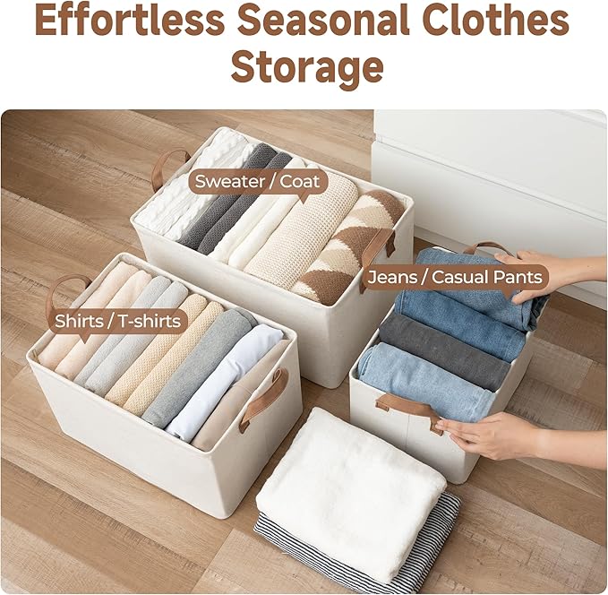 StorageWorks Storage Bins, Shelves Baskets for Organizing, Fabric Closet Organizers with Handles, Metal Frame, Beige(Cotton-linen), 2-Pack