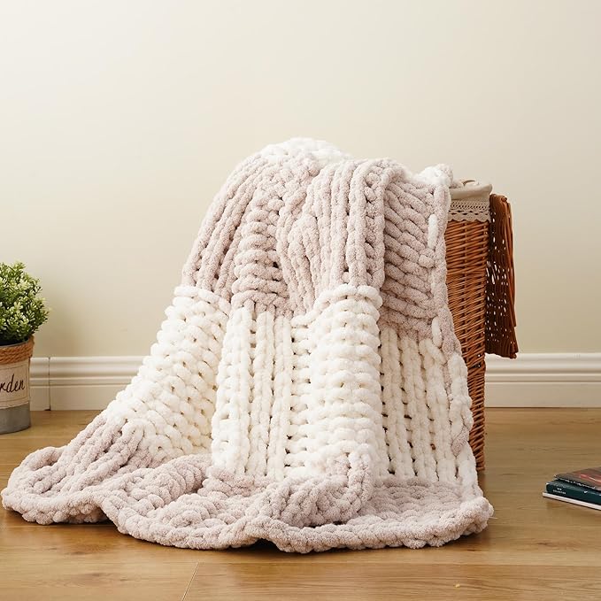 Battilo Chunky Knit Throw Blanket, Soft and Thick Chenille Throw Blanket, 50"x60" Handmade Cable Knit Crochet Blanket, Large Rope Knot Throw Blankets for Couch Sofa Bed Home Decor, Beige & White