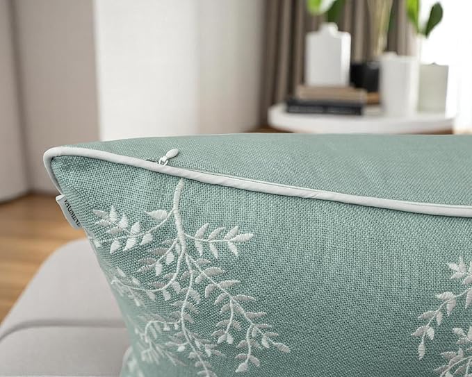 VAGMINE Embroidered Leaves Throw Pillow Cover - 20x20 Inches Square - 100% Cotton Light Teal Cushion Cover - Elegant Leaf Embroidery - Soft Boho Accent for Sofa, Lounge, Contemporary Décor