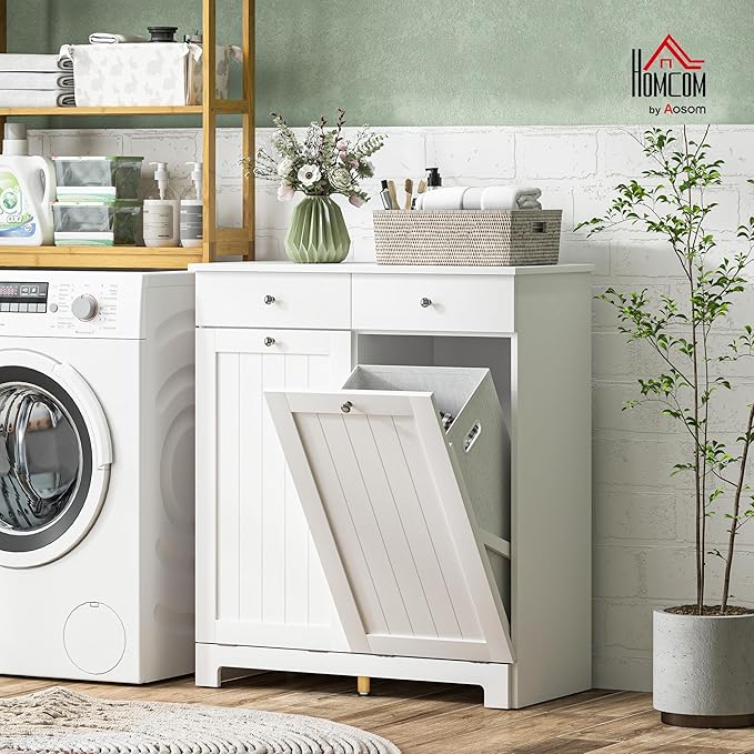 HOMCOM Laundry Hamper Cabinet with 2 Removable Baskets, Tilt Out Laundry Hamper Cabinet with 2 Drawers and 2 Beadboard Doors, Laundry Cabinet Bathroom Storage Cabinet, White