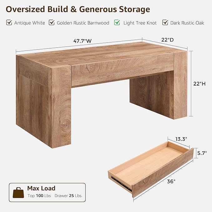 OKD 48" Modern Farmhouse Coffee Table, Wooden Living Room Table with Hidden Storage Drawer, Rustic Rectangular Center Tables w/Wood Thick Design for Living Room, Office, Light Knotty Wood