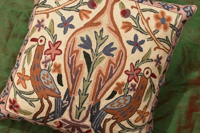 Tree of Life Pillow Cover - Crane Cream Floral Outdoor Pillows | Suzani Cushions | Modern Floral Cushion Hand Embroidered Shams Wool Size - 18x18