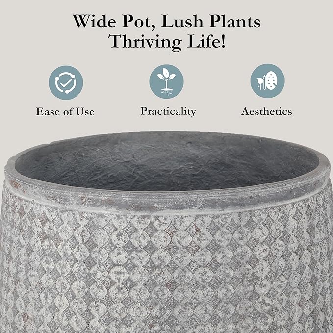 Worth Garden Large Grey Round Planter – 14.5" Dia x 17.5" H Lightweight Magnesium Oxide Cement Plant Pot with Texture – Raised Pattern Concrete Look – Drainage Hole – Indoor & Outdoor Use