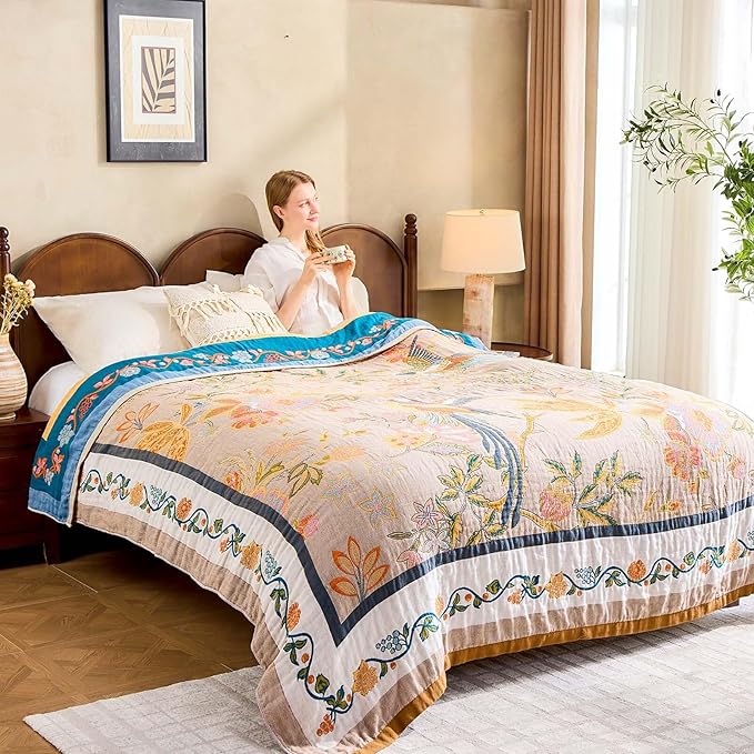 Boho Blanket, 100% Cotton Farmhouse Decorative Throw Blanket, 90"x98" Reversible Bohemian Throw Blanket, Brown All Season Muslin Breathable Woven Blankets Quilt