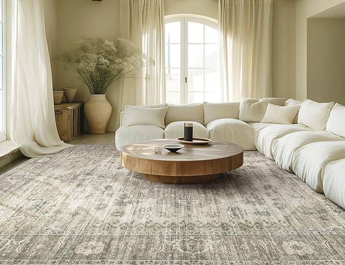 Washable Area Rugs for Living Room - 7x9 Neutral Vintage Distressed Floral Farmhouse Boho Large Soft Floor Rug Indoor Non Slip Carpet for Living Room Bedroom Dining Room Office - Brown/Tan
