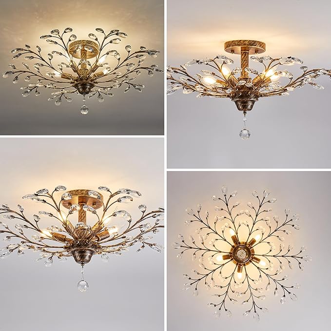 Ganeed Vintage Crystal Chandelier, Modern Bronze Branches Ceiling Light Fixture with 5-Light Heads for Farmhouse Living Room Dinning Room Kitchen Over Table Hallway