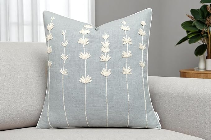 VAGMINE Hand Embroidered Daisy Accent Throw Pillow Cover - 20x20 Inches Square - 100% Cotton Robins Egg Decorative Cushion Cover for Couch, Sofa, Chair - Textured Embroidery - Boho Floral Home Décor