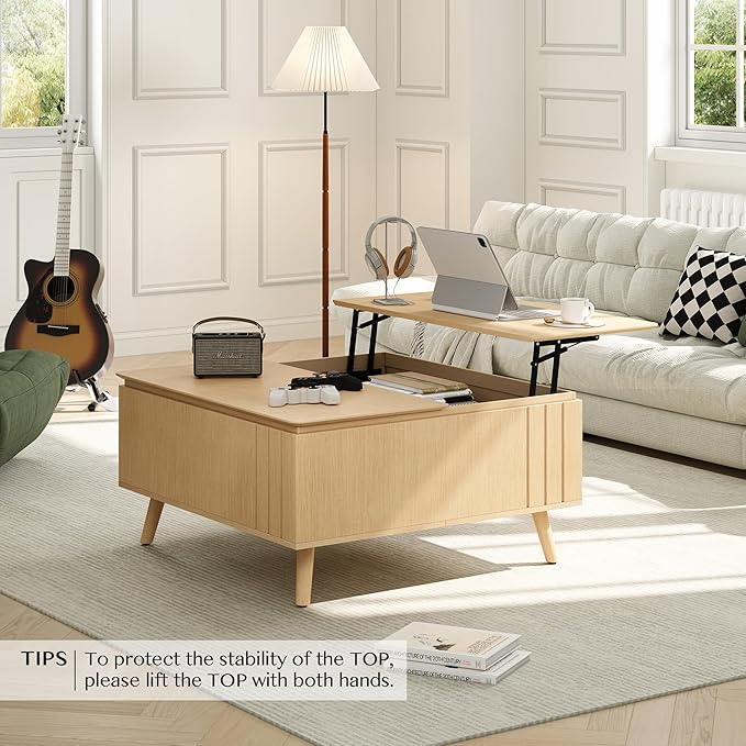 Lift Top Coffee Table with Storage,36" Large Square Coffee Tables for Living Room,Mid Century Modern Center Table for Home Office, Oak