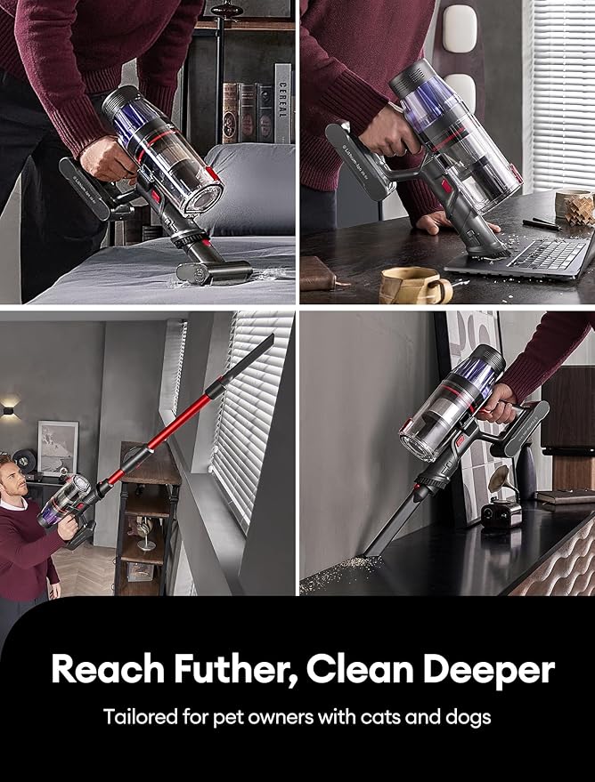 Ultenic Cordless Vacuum Cleaner, 550W/50Kpa, 60Mins Runtime, 180°Bendable Wand, Anti-Tangle Brush, Stick Vacuum Cordless with Charging Dock, Handheld Vacuum for Pet Hair/Carpet/Floor/Car, U16 Flex