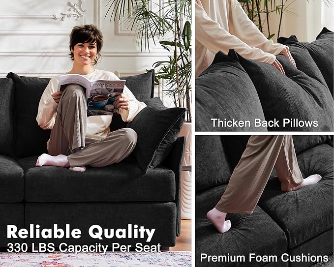 Oversized Accent Chair, Upholstered Modern Sofa Chair with Removable Backrest & Detachable Cover, 24.5" Deep Seat Large Reading Armchair for Living Room Bedroom Office - Chenille Black Set of 1