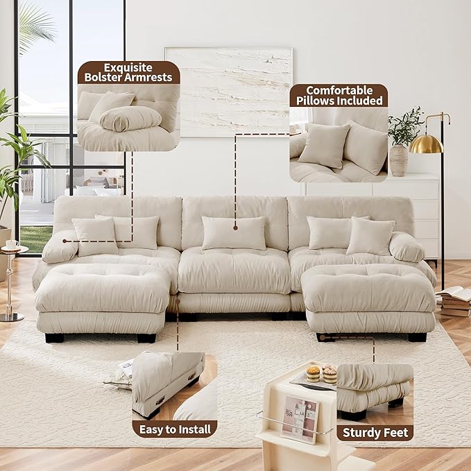 U Shaped Couch Sectional Couch, 3-Seater Cloud Couch Sectional Oversized Couch, Sofa Bed Couch with Round Bolster Armrests 5 Pillows, Modular Couch Home Sofa Living Room Couch