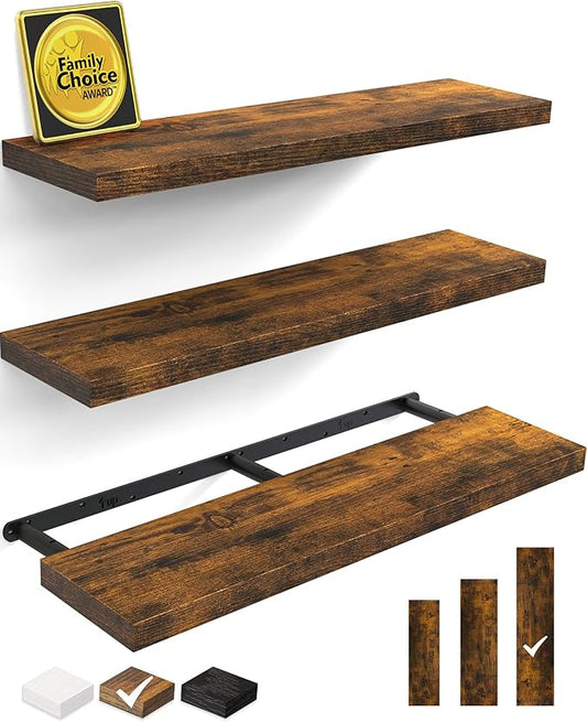 BAYKA Floating Shelves for Wall, 36 inches Wall Mounted Rustic Wood Shelves for Bathroom, Bedroom, Living Room, for Storage/Decor with 30lbs Capacity(Rustic Brown,Set of 3