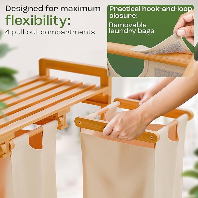 Laundry Sorter with 4 Sections beige, Hamper with Removable Cotton Bags & Wheels โ Perfect Laundry Organizer - Eco-Friendly Rolling Laundry Basket โ Durable Bamboo and Stylish Design