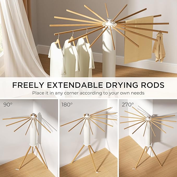 Tripod Clothes Drying Rack, Garment Rack Portable and Foldable Space Saving Laundry Drying Rack - Dryer Rack Clothing Floor Folding Balcony Bedroom Household (Beige(Wood), 16 rods)
