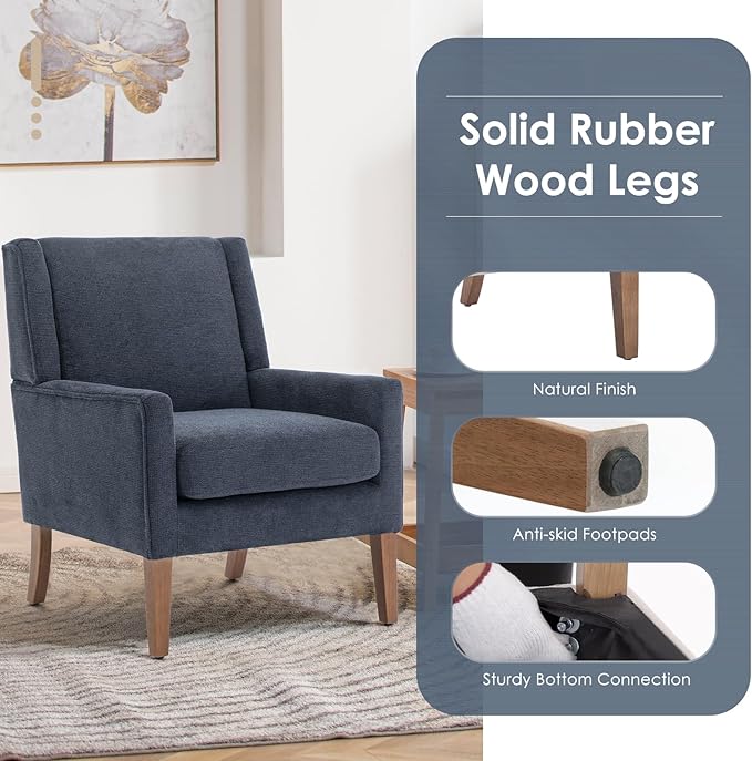 COLAMY Modern Wingback Living Room Chair, Upholstered Fabric Accent Armchair, Single Sofa Chair with Lounge Seat and Wood Legs for Bedroom/Office/Reading Spaces, Blue