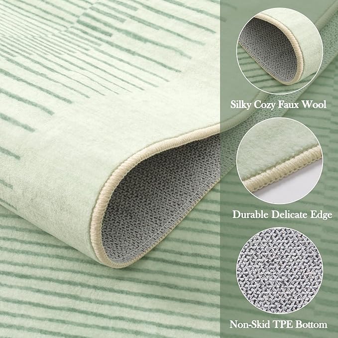 Wonnitar Striped Sage Green 9x12 Rugs for Living Room, Non-Slip Soft Sage Green Bedroom Rug, Low Pile Minimalist Floor Carpet for Nursery Playroom Department (Green,9' x 12')