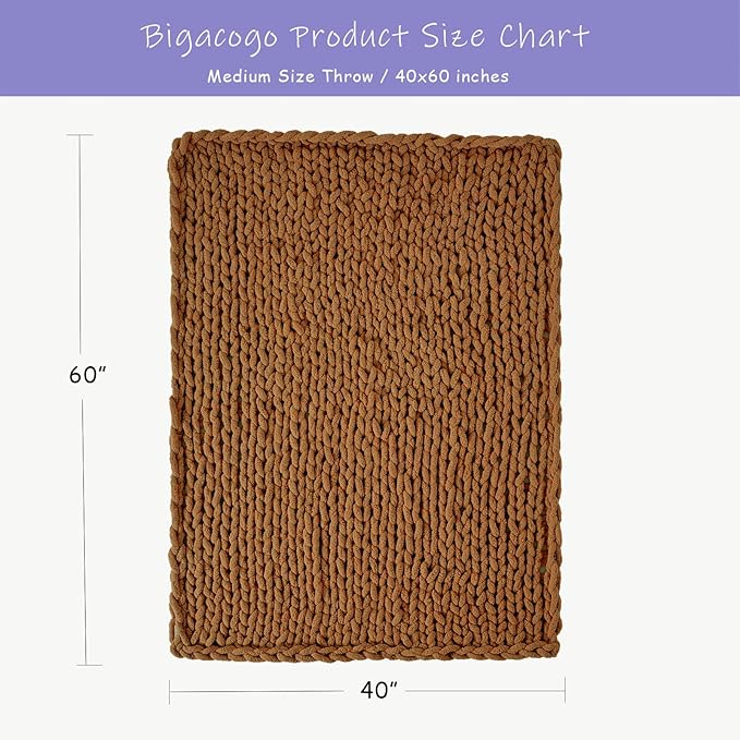 Bigacogo Chunky Knit Throw Blanket for Couch, 40x60 inches, 100% Hand Knitted with Thick Jumbo Chenille Yarn, Cozy Soft Large Rope Knot Cable Crochet Blankets for Sofa Bed Living Room, Caramel