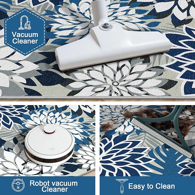 Area Rug 3x5 Blue White Washable Entry Rug Multicolored Tropical Botanical Modern Floral Indoor Kitchen Door Mat Entrance Carpet Non Slip for Bedroom Living Room, Porch