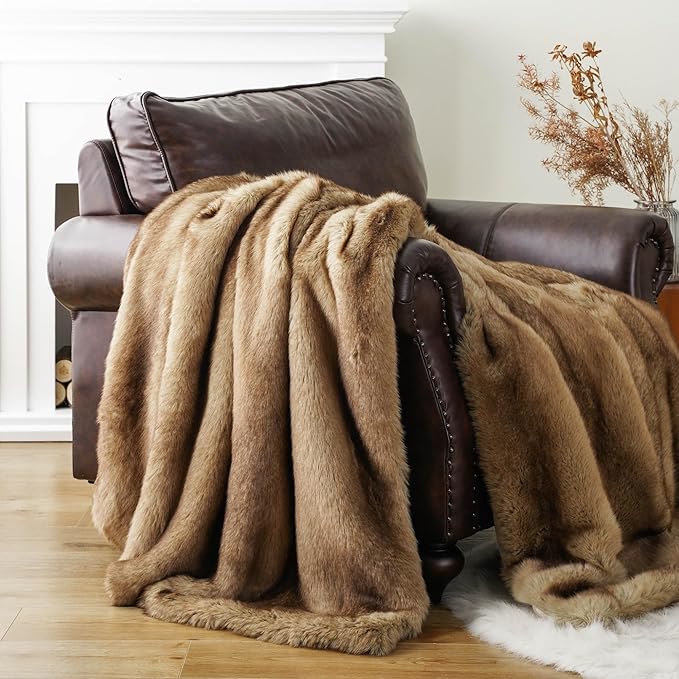 BATTILO HOME Luxury Camel Faux Fur Throw Blanket, Soft Cozy Warm Mink Fur Blanket for Bed, Home Decor, Large Striped Fur Blankets and Throws Faux, 60"x80"