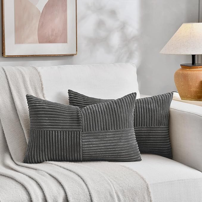 Fancy Homi 2 Packs Dark Gray Lumbar Decorative Throw Pillow Covers 14x24 Inch for Living Room Couch Bed Sofa, Farmhouse Home Decor, Soft Striped Corduroy Rectangle Accent Cushion Case 35x60 cm