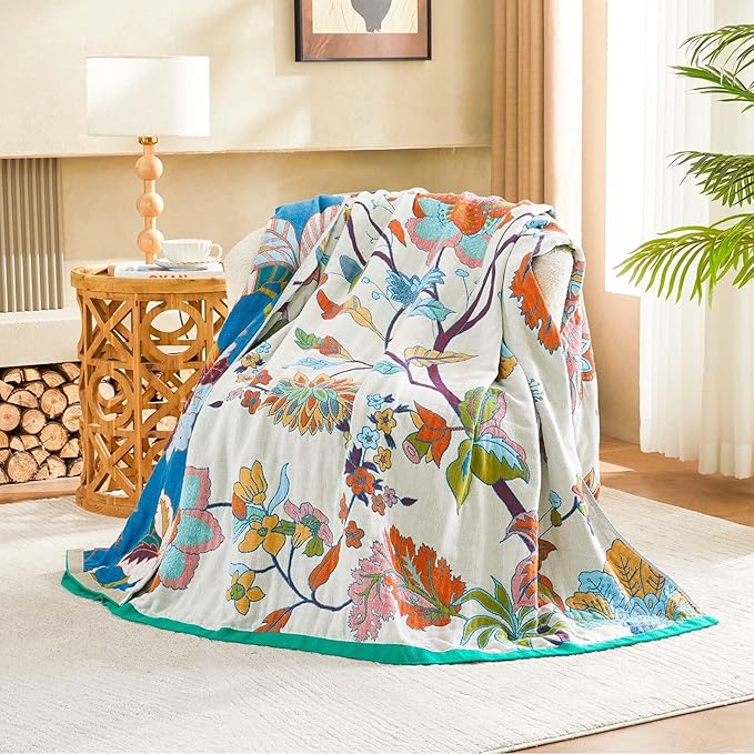 Summer Throw Blanket, 80"x90" Reversible Bohemian Flower Blanket, 100% Cotton Muslin Breathable Woven, Farmhouse Decorative Throw Blanket