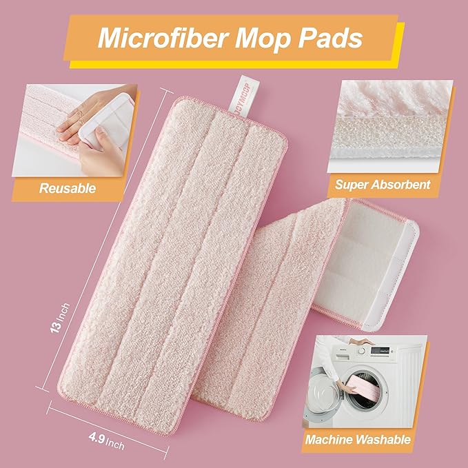 JOYMOOP Flat Mop Pads, Microfiber Mop Cleaning Pads, Washable Pads, Pads Replacement for Flat Mop or Mop Bucket Set, Pack of 4 Refills 13inch - Pink
