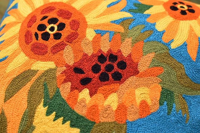 Turquoise Van Gogh Sunflower Pillow Cover Teal Floral Sofa Pillowcase Flower Chair Cushion Accent Throw Flowery Outdoor Pillows Farmhouse Couch Handmade Wool Size 18x18